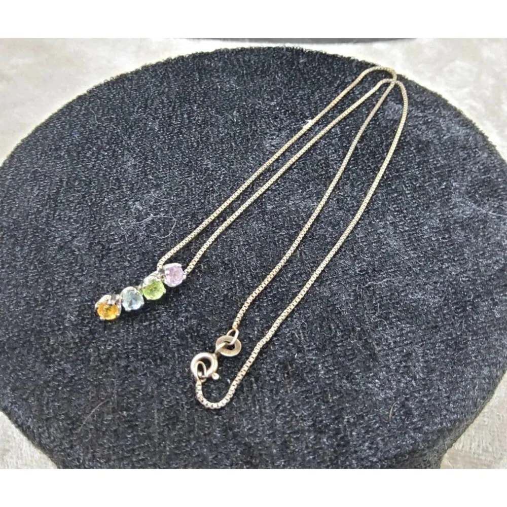 vintage ati sterling silver rainbow gemstones bar pendant necklace - Picture 4 of 6